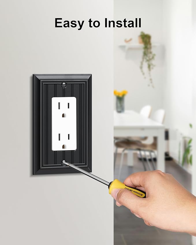 4-Pack Classic Beadboard Decorator Wall Plate Cover, Black Decorative Switch Plates and Outlet Covers, Durable Natural Bamboo Fiber Wall Plates for Electrical Outlets, Receptacle, GFCI Outlet