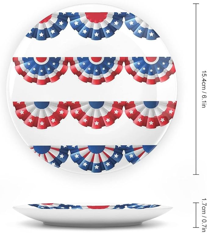 Ceramic Plates, American Flag Decor Decorative Ceramic Plates, Flag Round Bunting Election Ornament Pattern, 7 Inch, Household Plates Decorative, Blue Red