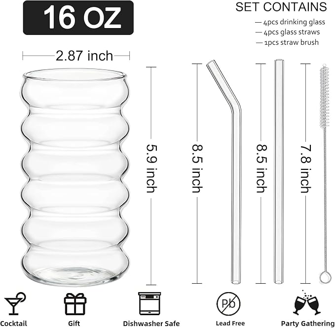ALINK Ribbed Drinking Glass Cups - Image 2
