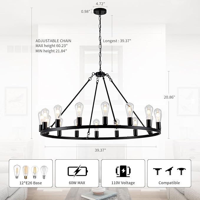 16-Light Wagon Wheel Chandelier, 40 inch Farmhouse Wagon Wheel Chandeliers, Black Round Rustic Pendant Lights, Industrial Ceiling Light Fixtures for Dining Room Living Room Bedroom Kitchen Entryway