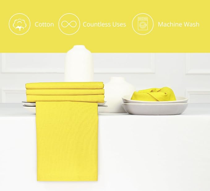 PurpleEssences Set of 12 Cloth Dinner Napkins 100% Cotton 18x18 Inch - Soft Durable Washable - Ideal for Farmhouse Party Christmas Holiday Winter - Perfect Everyday Use Table Linen - Yellow