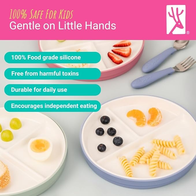 Elk and Friends Kids 7.8” Porcelain White Plates with Silicone Sleeves | Divided Plates | Suitable for Kids/Toddlers | Microwave & Dishwasher Safe | Non Slip | Snack Dishes