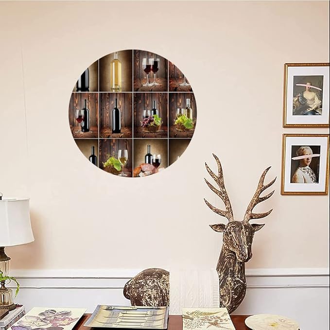 Ceramic Display Plate, Wine Ceramic Hanging Decorative Plate, Wine Themed Collage on Wooden Backdrop with Grapes and, 7 Inch, Household Custom Ceramic Plate, Brown Black Red