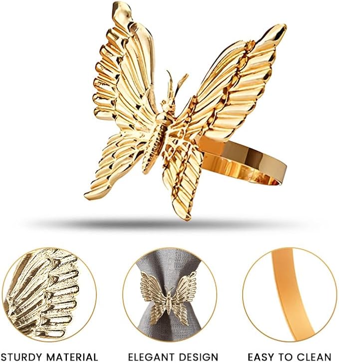 Decozen Set of 12 Gold Napkin Rings in Butterfly Design Festive Table Decor Setting for Holiday Wedding, Birthday, Kitchen, Home Decor Housewarming Gift - Mothers Day Decorations