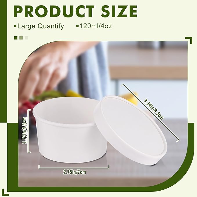 100 Pack 4 oz Disposable Soup Containers with Vented Lids, Kraft Soup Bowls Ice Cream Cups, White Paper Food Containers Microwavable and Freezer Safe for Hot Soup, Ice Cream (100 Pcs - White, 4 oz)