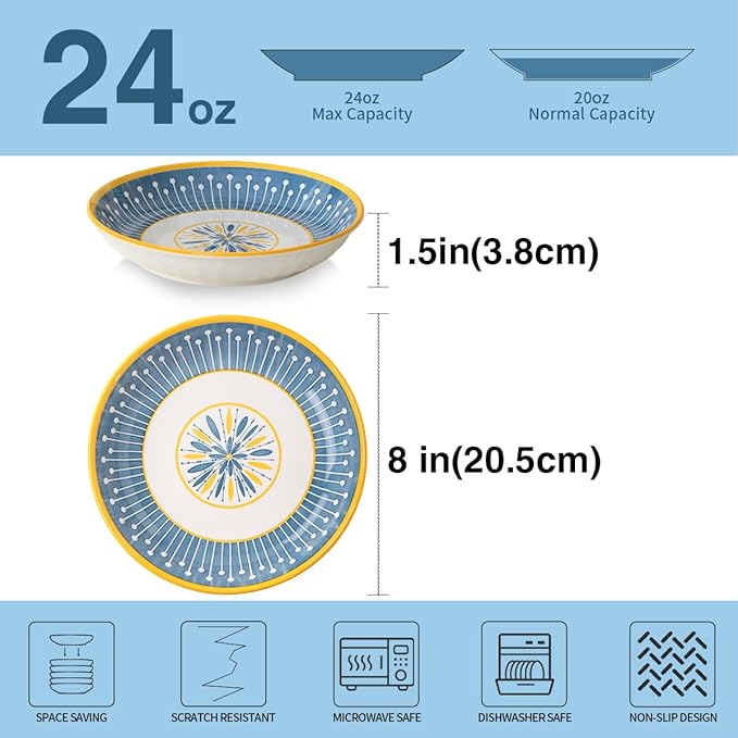 Yeacccng Pasta Bowls Set of 4, 24 Oz Ceramic Salad Bowls, 8 Inch Shallow Serving Bowls for Pasta, Salad, Oatmeal, Fruit, Easy to Clean, Dishwasher & Microwave Safe, Scratch-Resistant, Lead-Free