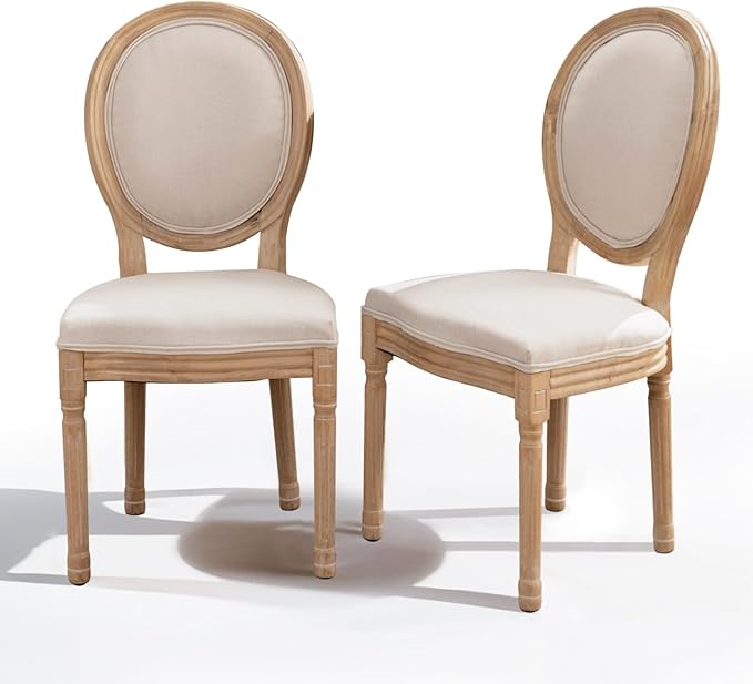 SoarFlash French Dining Chairs Set of 2, Vantage Dining Chair with Round Back, Wood Leg Farmhouse Country Dining Chair for Kitchen,Bedroom,Beige