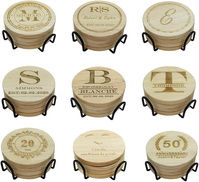 Personalized Wooden Coasters for Drinks - Custom Engraved, Monogram, Great Gifts for Relatives, Friends or Yourself (M, Set of 4)