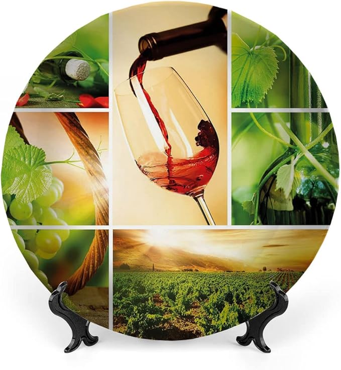 Ceramic Display Plate, Wine Ceramic Hanging Decorative Plate, Wine Tasting and Grapevine Collage Green Fresh, 8 Inch, Living Room Kitchen Decoration Household, Green Ruby Caramel