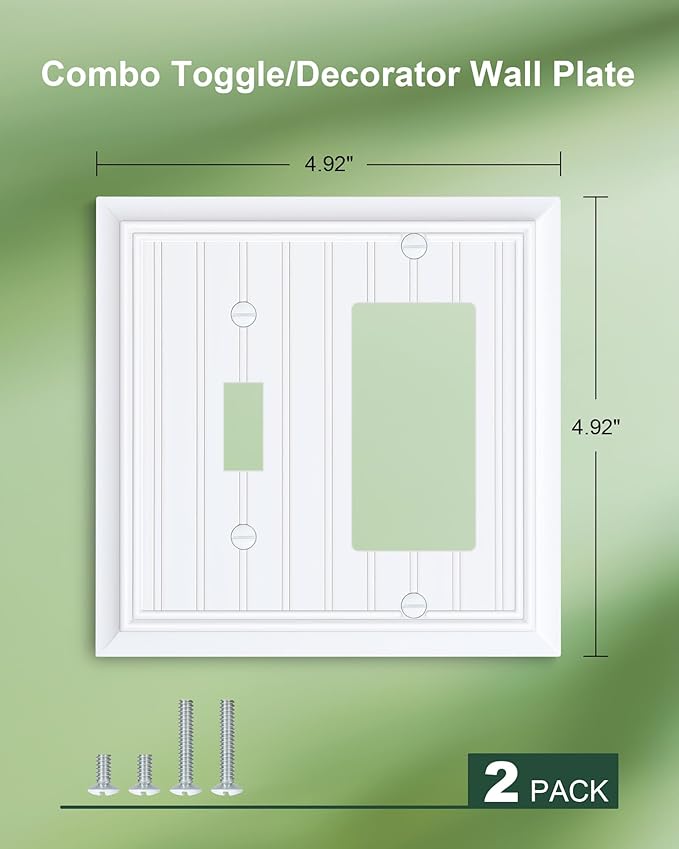 2-Pack Classic Beadboard Combo Toggle/Decorator Light Switch Cover Plate, Pure White Decorative Electrical Outlet Covers, Durable Natural Bamboo Fiber Switch Plates and Outlet Covers