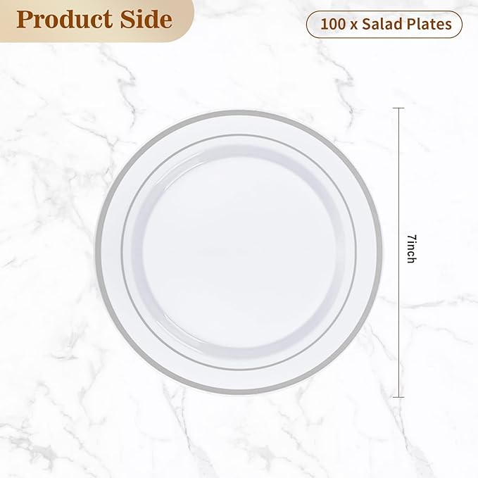 BESTVIP 100PCS 7 Inch Silver Plastic Dessert Plates, Disposable Plate with Silver Rim for Salad/Samll Cakes, Heavy Duty Plates for Party, Wedding and Birthday, Events, Christmas, Thanksgiving