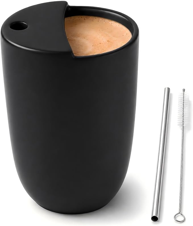 1 Pack Ceramic Coffee Mug with Sip Hole 9.5oz Retro Espresso Cup with Straw and by Ferrochef