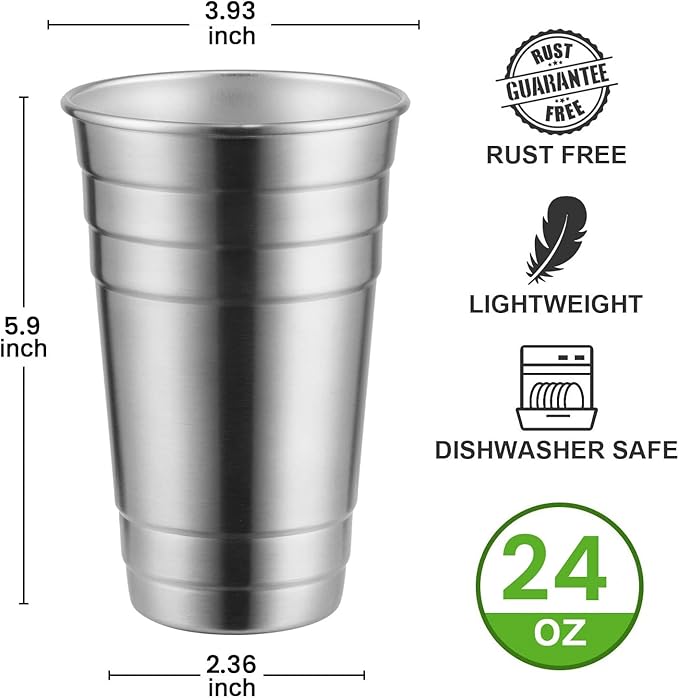 MEWAY Premium Stainless Steel Cups 24 oz Pint Cup Tumbler (8 Pack) - Premium Metal Cups - Stackable Durable Cup，Chilling Beer Glasses, for Travel, Outdoor, Camping, Everyday