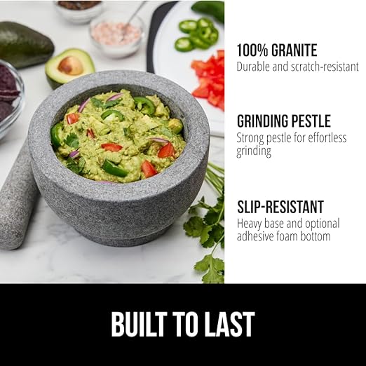 GORILLA GRIP Heavy Duty Mortar and Pestle Set with Slip Resistant Base, 2 Cup, 100% Granite Stone Molcajete Guacamole Bowl, Grind Seeds, Spices, Crush Garlic, Kitchen Muddler for Fresh Herbs, Gray