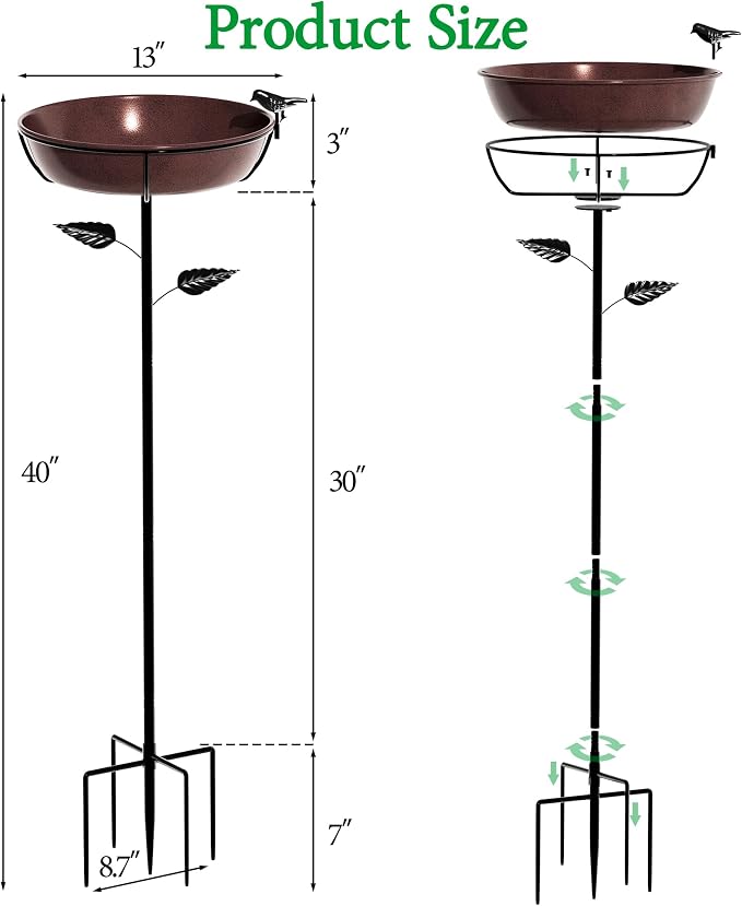 3" Deep Metal Bird Bath for Outdoors 40in Tall, Removable 13" Dia Birdbath Bowl - Image 3