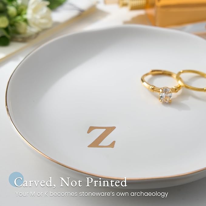 Lolalet Handmade Ceramic Ring Dish Jewelry Tray Plate with Initial, Small Monogram Gift for Her Women Girls Mother, Hostess, Engagement, Bridal Shower, Maid of Honor, Bridesmaid, Birthday, Christmas