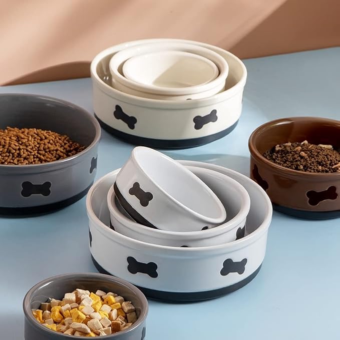 Sweejar Ceramic Dog Bowls with Bone Pattern, Dog Food Dish for Large Dogs, Porcelain Pet Bowl for Water 70 Fl Oz (Brown)