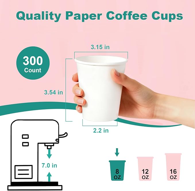 8 oz 300 Pack Disposable Coffee Cups, Bulk White Disposable Paper Cups - Image 3