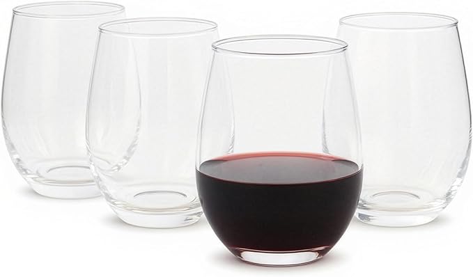 Amazon Basics Stemless Red Wine Glasses, 4-Piece Set, 18 oz., Dishwasher-Safe