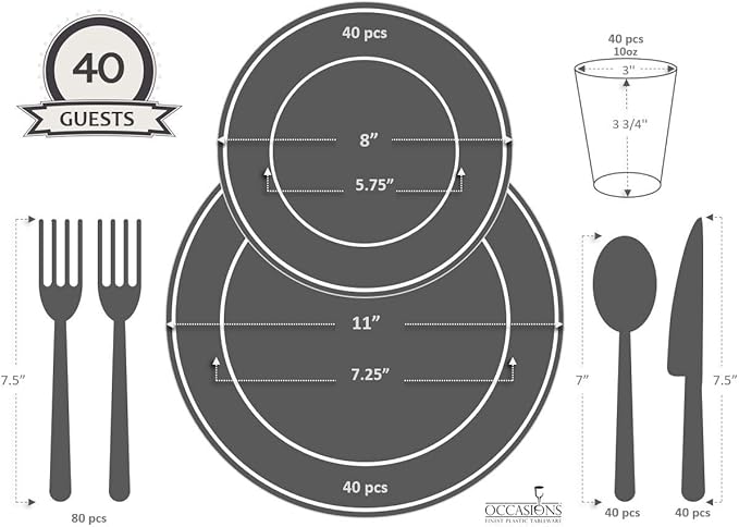 " OCCASIONS " 320pcs set (40 Guests)-Extra Heavyweight Vintage Wedding Disposable/Reusable Plastic Plates 40 x 11'' + 40 x 8.25''+Silverware+Cups+Napkins (Chateau Collection Ivory)