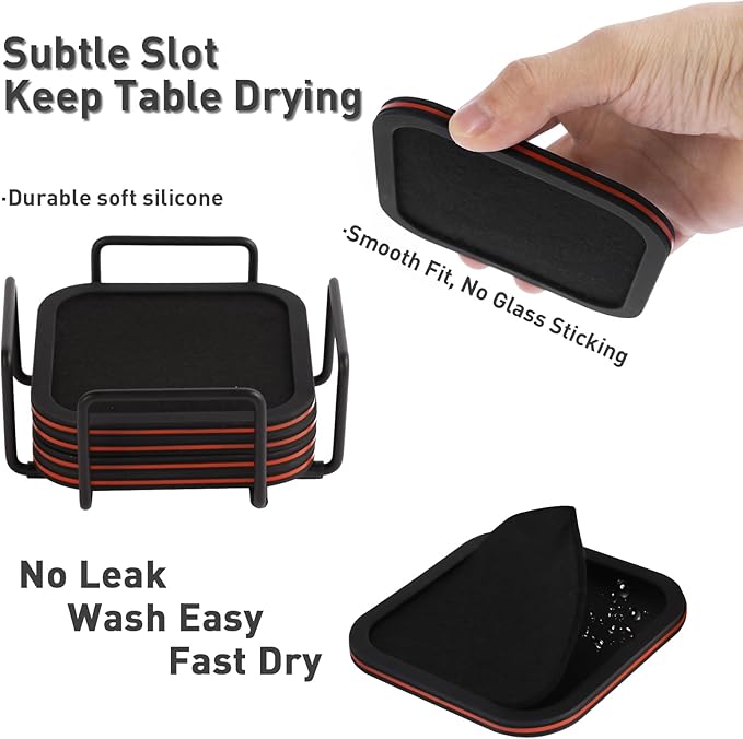 Lexenic Sleek Absorbent Coasters for Drinks with Holder, Silicone Cup Mat with Removable Felt Insert, Non-Slip, Non-Stick, Lovely Gift for Coffee Table Kitchen Decor, 6PCS (Black Red)