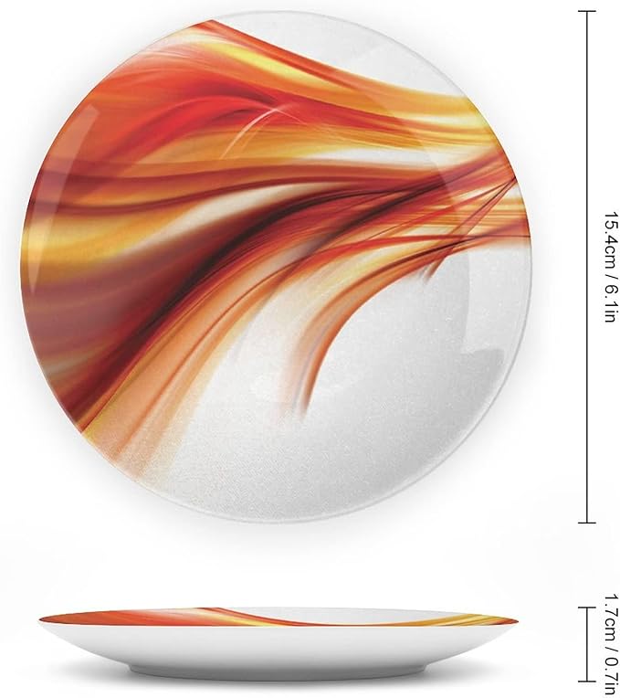 Decorative Plates, Abstract Print Ornament, Modern Smooth Lines Blurred Smock Art, 7 Inch, 1 Plate with 1 Display Stand, Orange Red