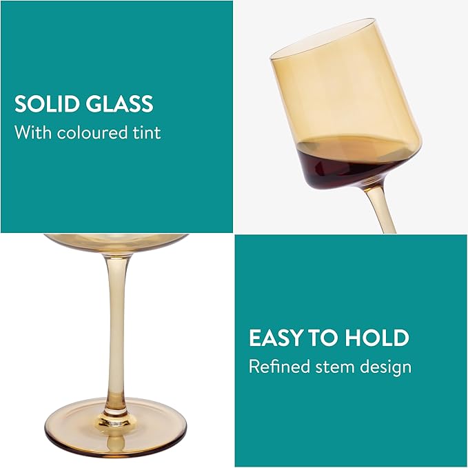 Navaris Amber Tinted Wine Glasses - Set of 4 - Coloured Wine Glasses with Stems - Stylish Design Glassware for Serving Wine, Cocktails, Dessert