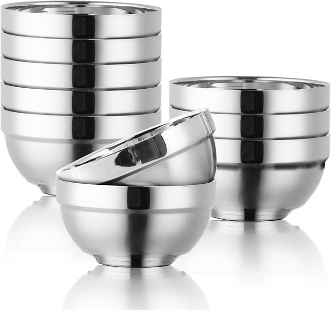 10pcs stainless Steel Bowls Set，4.48Inches Double Walled Insulated Large Serving Rice Cereal Salad noodle，350ml Unbreakable Deep Bowl for kitchen Restaurant，Dishwasher Safe