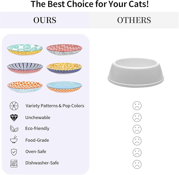 Selamica Ceramic Cat Bowls, 6 Inch Wide Shallow Cat Food Bowl for Relief Whisker Fatigue, Set of 6, Assorted Colors
