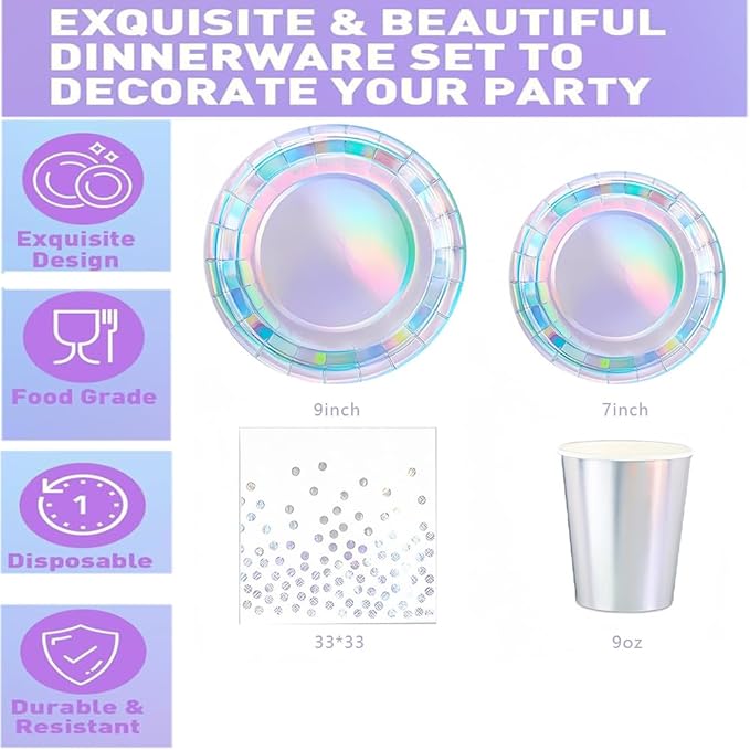 Iridescent Party Supplies, Holographic Paper Plates and Napkins Set, Rainbow Disposable Paper Plates Cups Knives Spoons Fork Straw for Birthday Wedding Party Serve 25 (Iridescent)