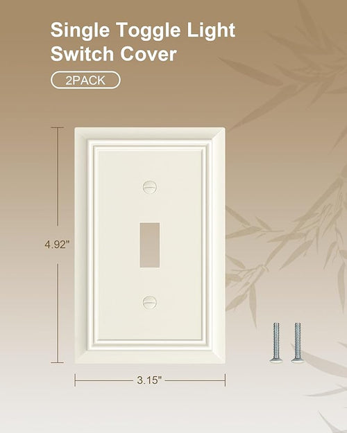 2-Pack Single Toggle Light Switch Cover Plate, Durable Natural Bamboo Fiber Decorative Switch Plate Covers, Light Almond 1 Gang Wall Plate, Corrosion Resistant