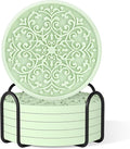 Drink Coasters, Coasters Set of 6 for Cup with Holder, Non-Slip Silicone Cup Mats for Hot and Cold Drinks, Cute Absorbent Coffee Bar Accessories Table Decor, Tender Green