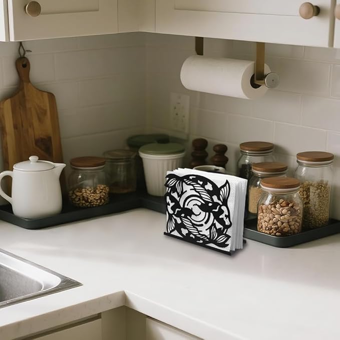 Koi Fish Decorative Black Metal Napkin Holder for Table, 5.3" x 4.9" x 1.9" Fish Animal Standing Napkin Holder for Home Kitchen Restaurant Picnic Party Coffee Bar Dining Room