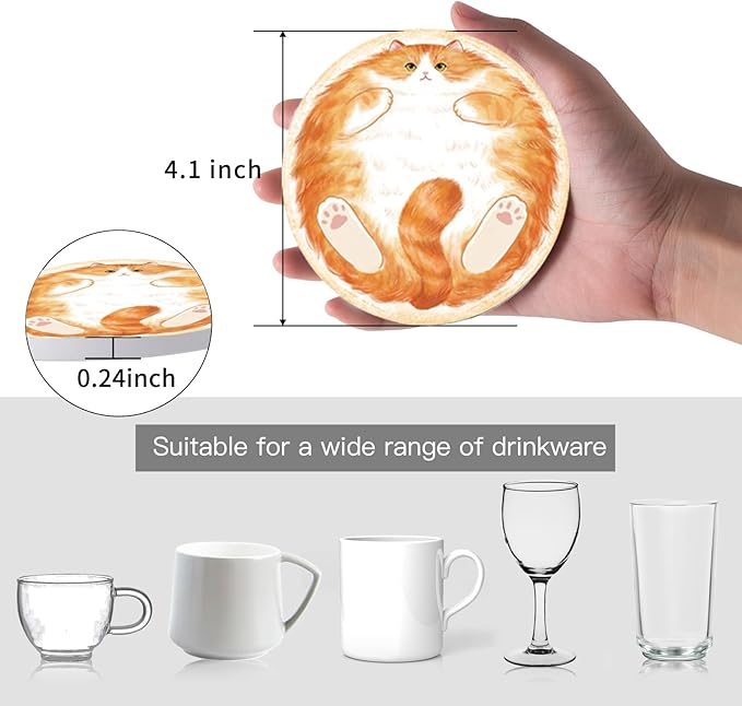 Coasters Absorbent Ceramic Coaster Drink Coasters with Cork Back Pancake Cats Set of 6 Round Coaster Non Slip for Coffee Table Wine Glass Home Bar 4 Inch, Cute