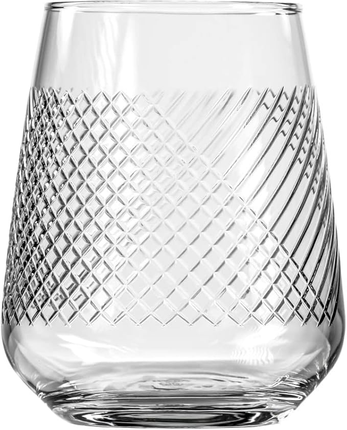 Rolf Glass Bourbon Street 15.75 Ounce Stemless Wine Glasses Set of 4 | Lead-Free Glass | Diamond-Wheel Engraved and Polished Tumbler Glassware | Modern Luxury Glassware