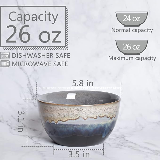 Stoneware Cereal Bowls Set of 4, 26 Oz, Soup Bowls - Image 2