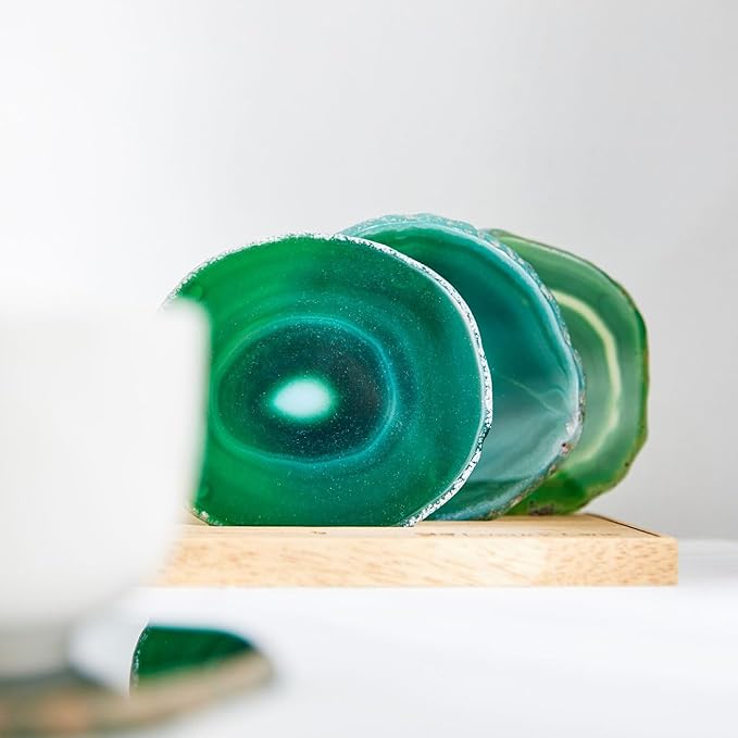 Luxury Lane Set of 4 Large Natural Brazilian Agate Slice Geode Rock Stone Drink Coasters with Wood Holder 4.3-4.7 inch Centerpiece Table Decoration, Emerald Green