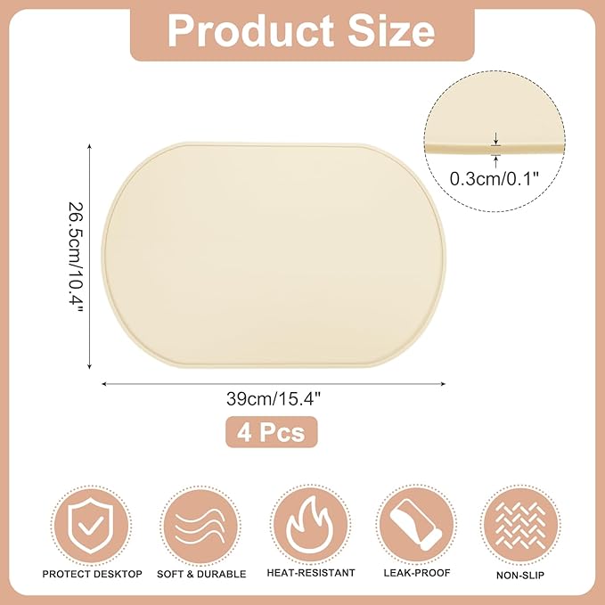 uxcell 4 Pcs Oval Silicone Placemat, 15.4" x 10.4" Non-Slip Washable Table Placemats Heat Resistant Waterproof Mat with High Edge for Table Kitchen Desk Protection, White