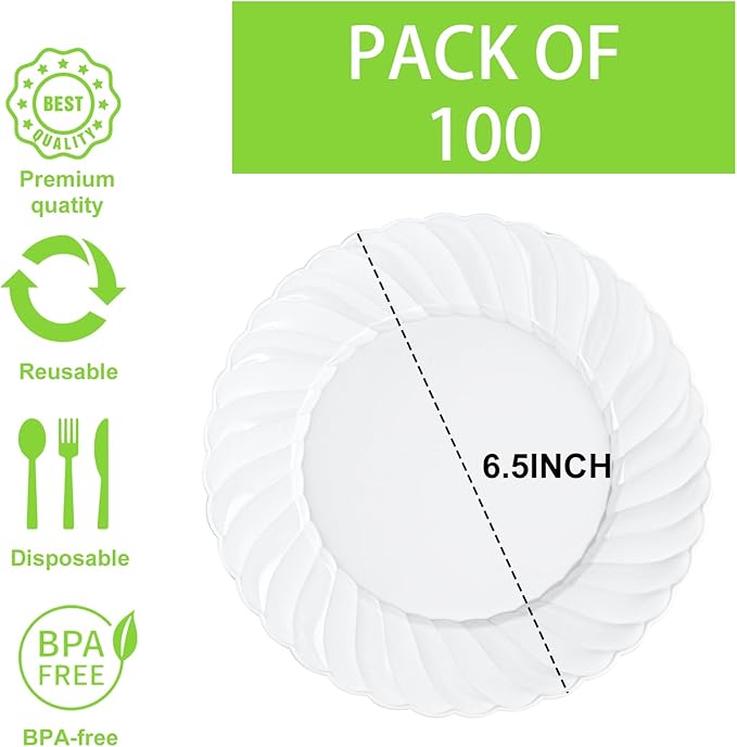 U-QE 100 Pieces White Plastic Plates - 6 Inch White Disposable Plates - Washable & Reusable - Premium Hard Dessert Plates - Party Supplies for Birthdays, Celebrations, Travel, Wedding,Party and Events