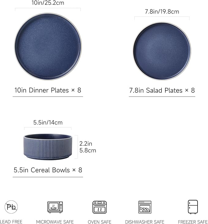 Dinnerware Set Service for 8, 24-Piece Ceramic Plates and Bowls Set, Chip & Scratch Resistant, Microwave and Dishwasher Safe, Modern Minimalist Tableware for Everyday Use, Matte Blue