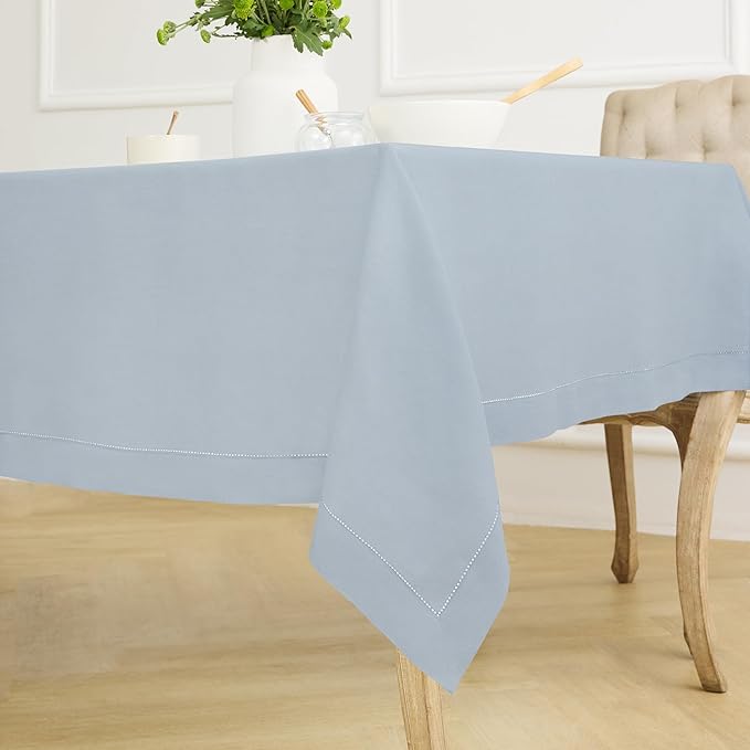 Solino Home Dusty Blue Linen Tablecloth 60 x 132 Inch - 100% Pure Linen Hemstitch Table Cloth for Rectangle Tables - Classic Hemstitch, Machine Washable Tablecloth for Winter, Spring, Easter