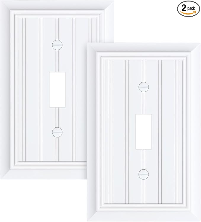 2-Pack Classic Beadboard Single Toggle Light Switch Cover Plate, Durable Natural Bamboo Fiber Decorative Switch Plate Covers, Pure White 1 Gang Wall Plate