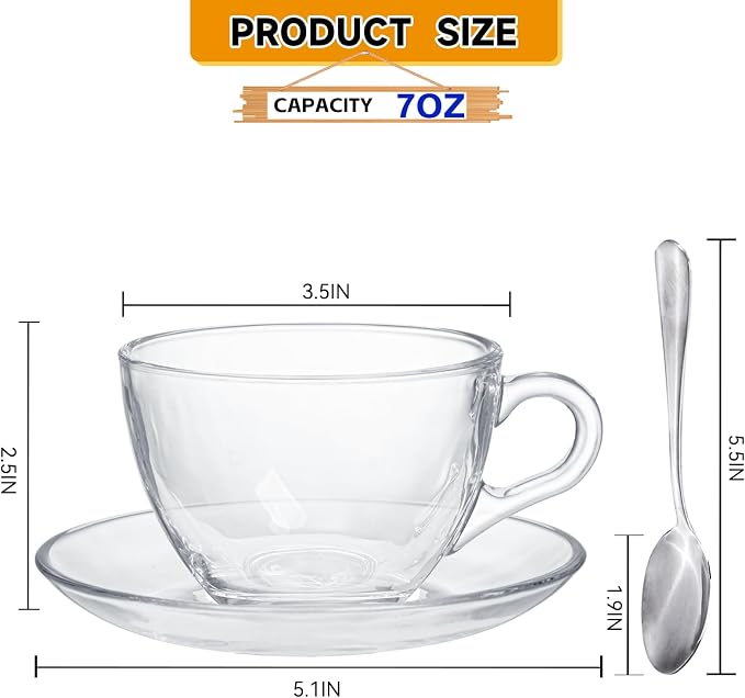 Glass Teacup and Saucer Set, 6 Pack Coffee Mug - Image 7