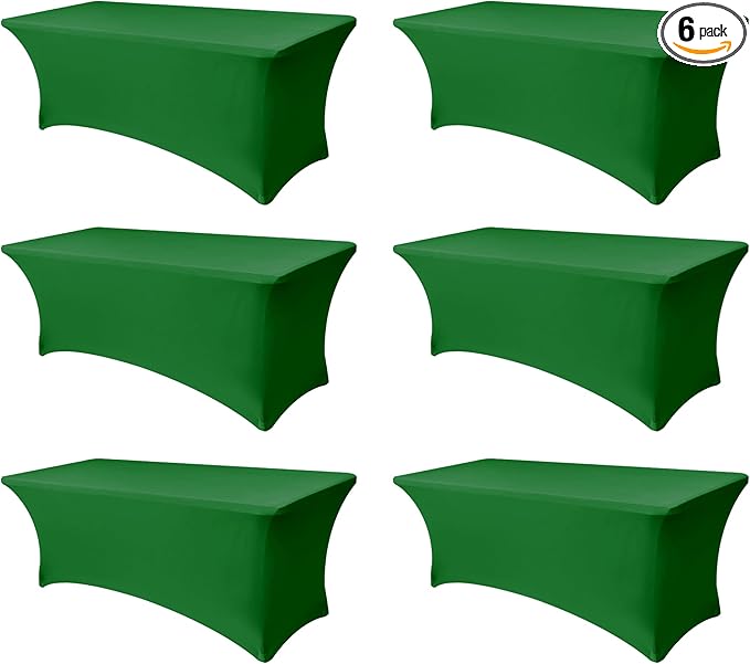 Stretch Table Cover for 6 Foot Rectangle Tables-6 Pack Green Spandex Fitted Tablecloth-Elastic 6ft Christmas Tablecloths for Party, Vendor Booth Display, Banquet Buffet, Craft Trade Show