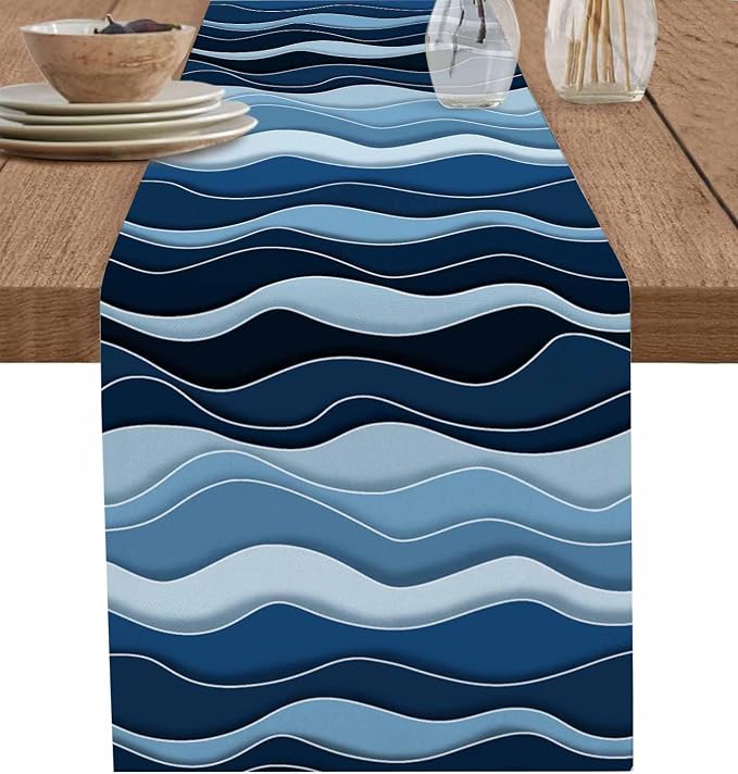 Abstract Blue Moire Table Runners 90 Inches Long, Cotton Linen Fabric Table by Edwiinsa
