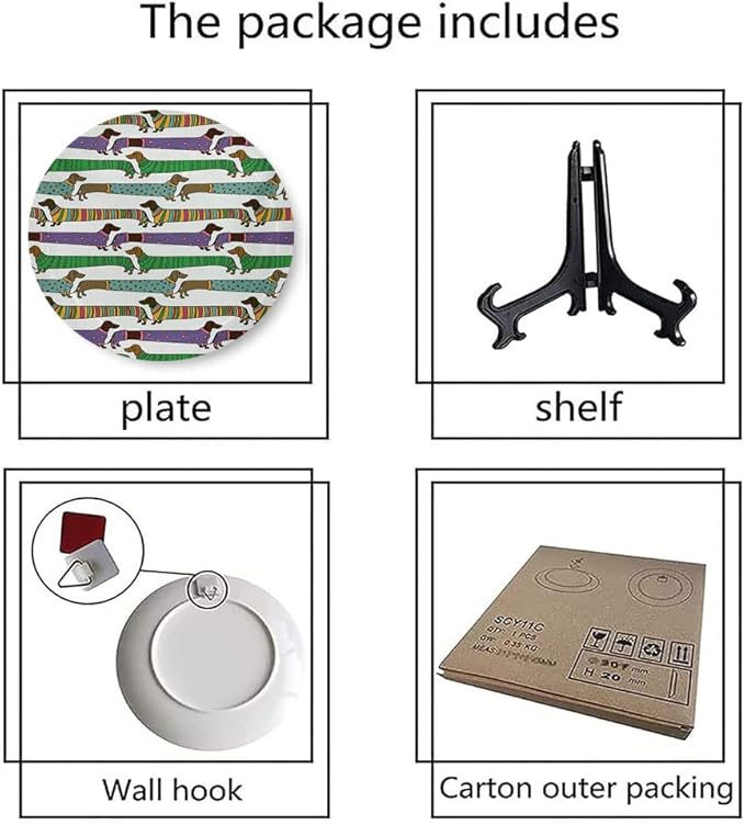Ceramic Plates, Dog Lover Decorative Ceramic Plates, Cartoon Style Dachshunds Dressed in Pyjamas Chevron, 8 Inch, for Dining, Parties, Wedding, Multicolor