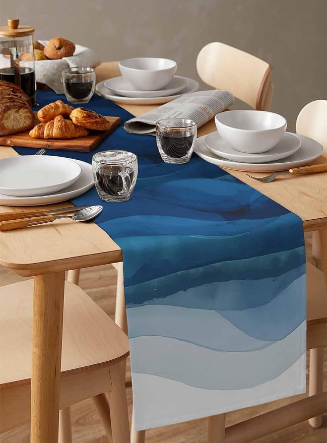 Navy Blue Ombre Table Runners 108 Inches Long, Abstract Modern Stripe Table - Image 3