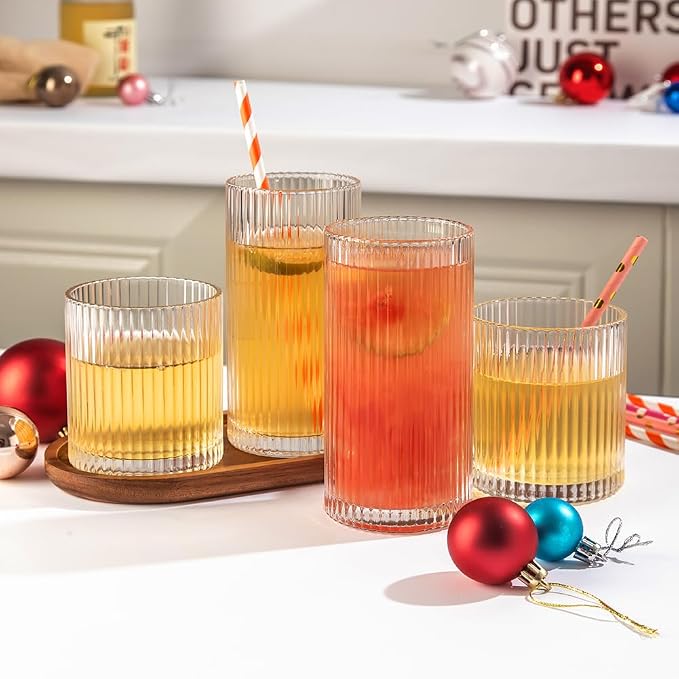Ribbed Drinking Glasses 12pcs, 12oz and 10oz Glassware, Tumbler Glasses Cup Set - Image 3