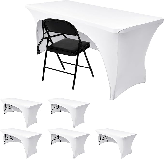 Nasitos 6 Pack White Tablecloth Rectangle for 8 Foot Tables-Open Back Fitted Stretch Spandex Table Covers, Washable Wrinkle-Free Trade Show Table Cover for Parties, Wedding, Banquet, Craft Fair