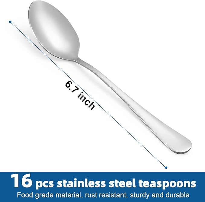 16 Pcs Teaspoons Set, Food-Grade Stainless Steel Spoons Silverware, Cutlery Tea - Image 2